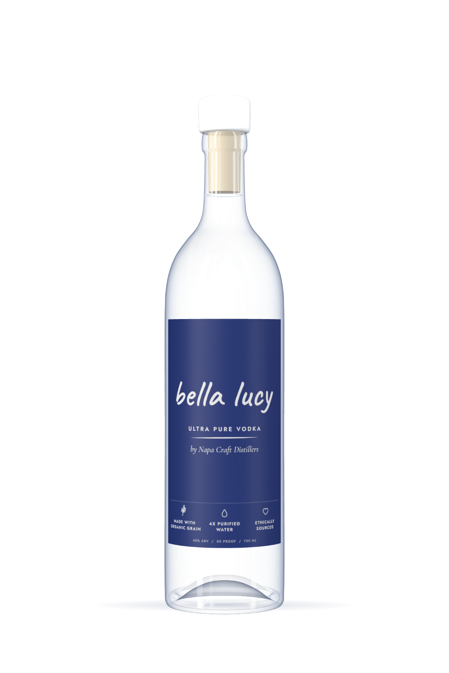 Bella Lucy Ultra Pure Vodka bottle with a white T-top stopper